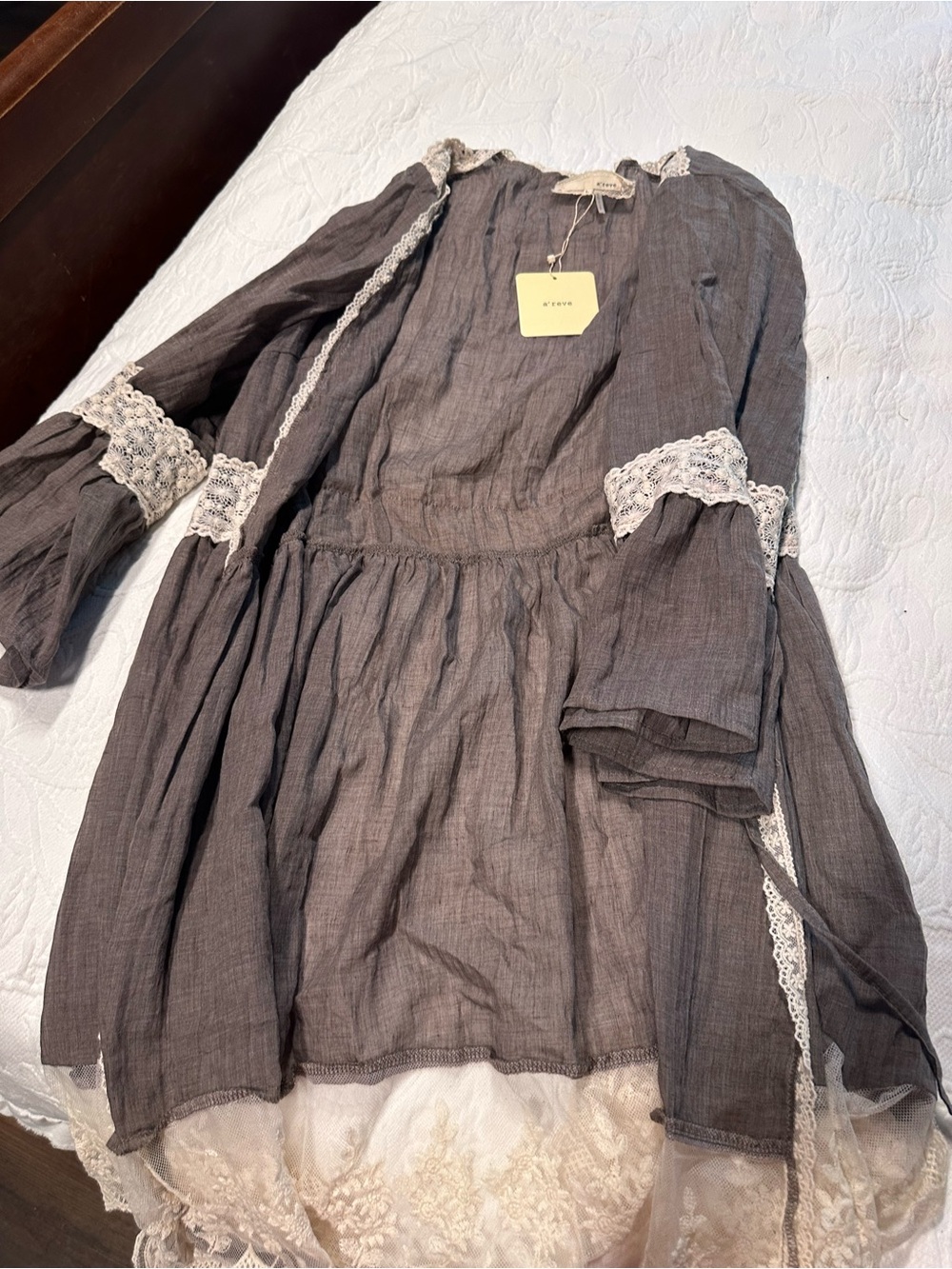 A'Reve Charcoal Gray Dress with Cream Lace Trim